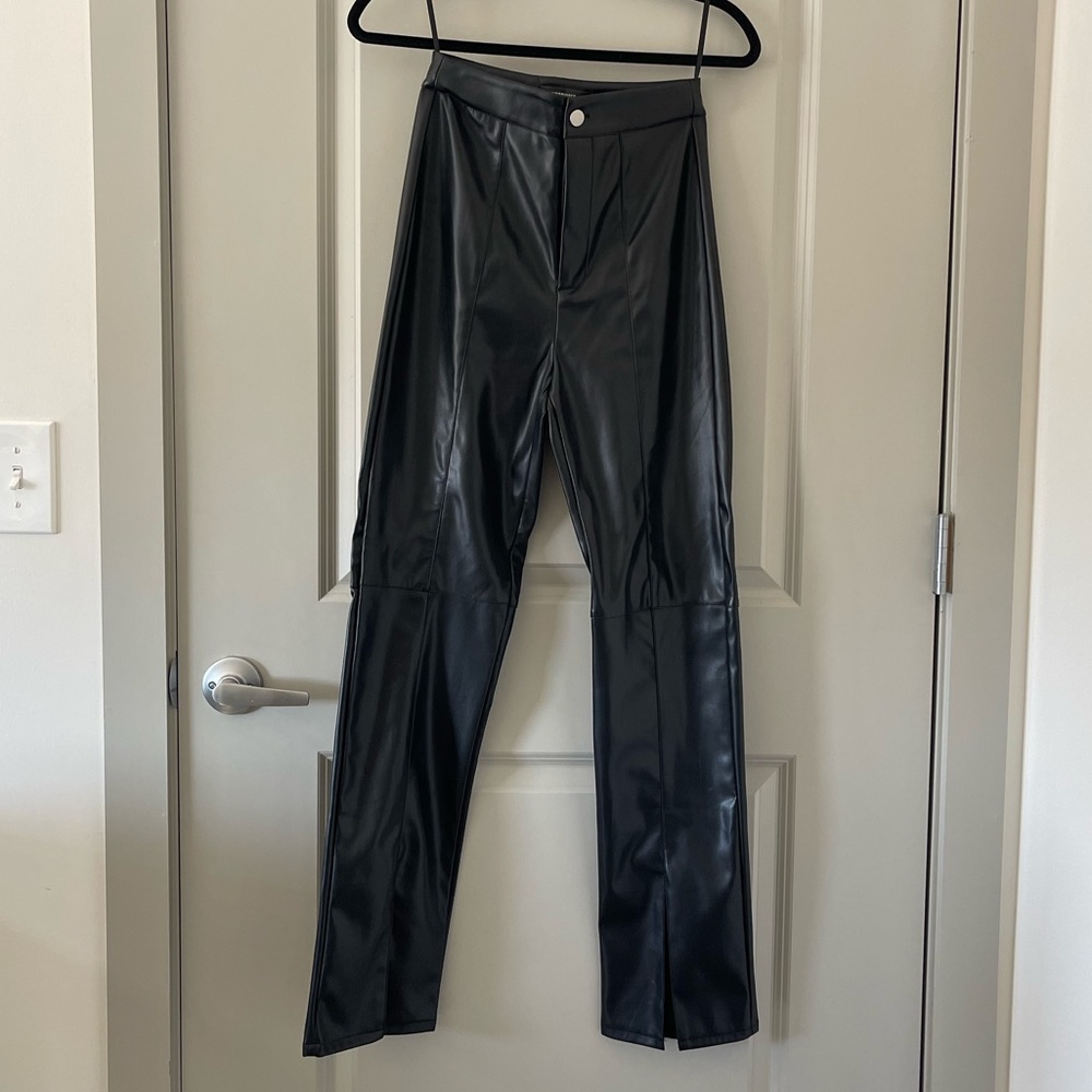 Missguided Black Faux Leather Split Front Straight Leg Trousers